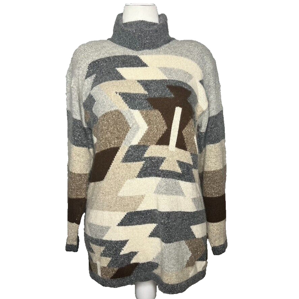 Vtg JG Hook Turtleneck Sweater L Silk Angora Shoulder Pad Geometric Southwestern